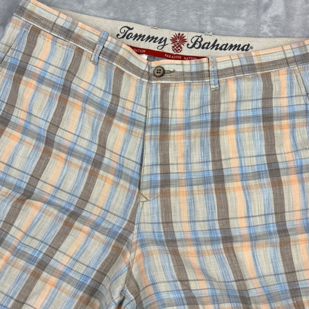 TOMMY BAHAMA Paradise Nation Shorts Mens 38 Blue Orange Plaid Linen Blend